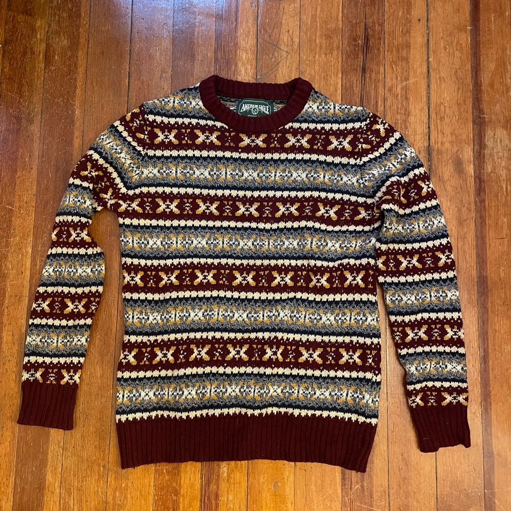 American Eagle Outfitters Brown and Cream Crewneck Sweater